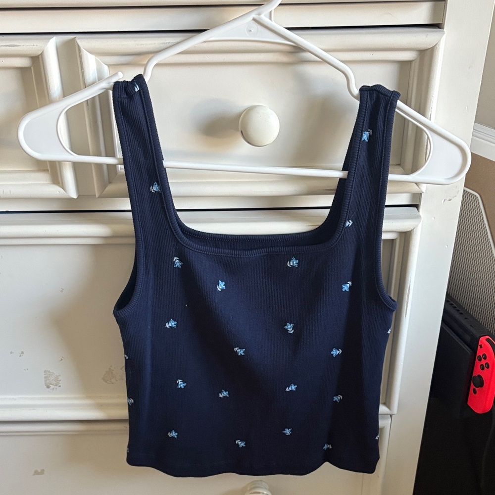 Old Navy Dark Blue Tank Top with Floral Embroidery
